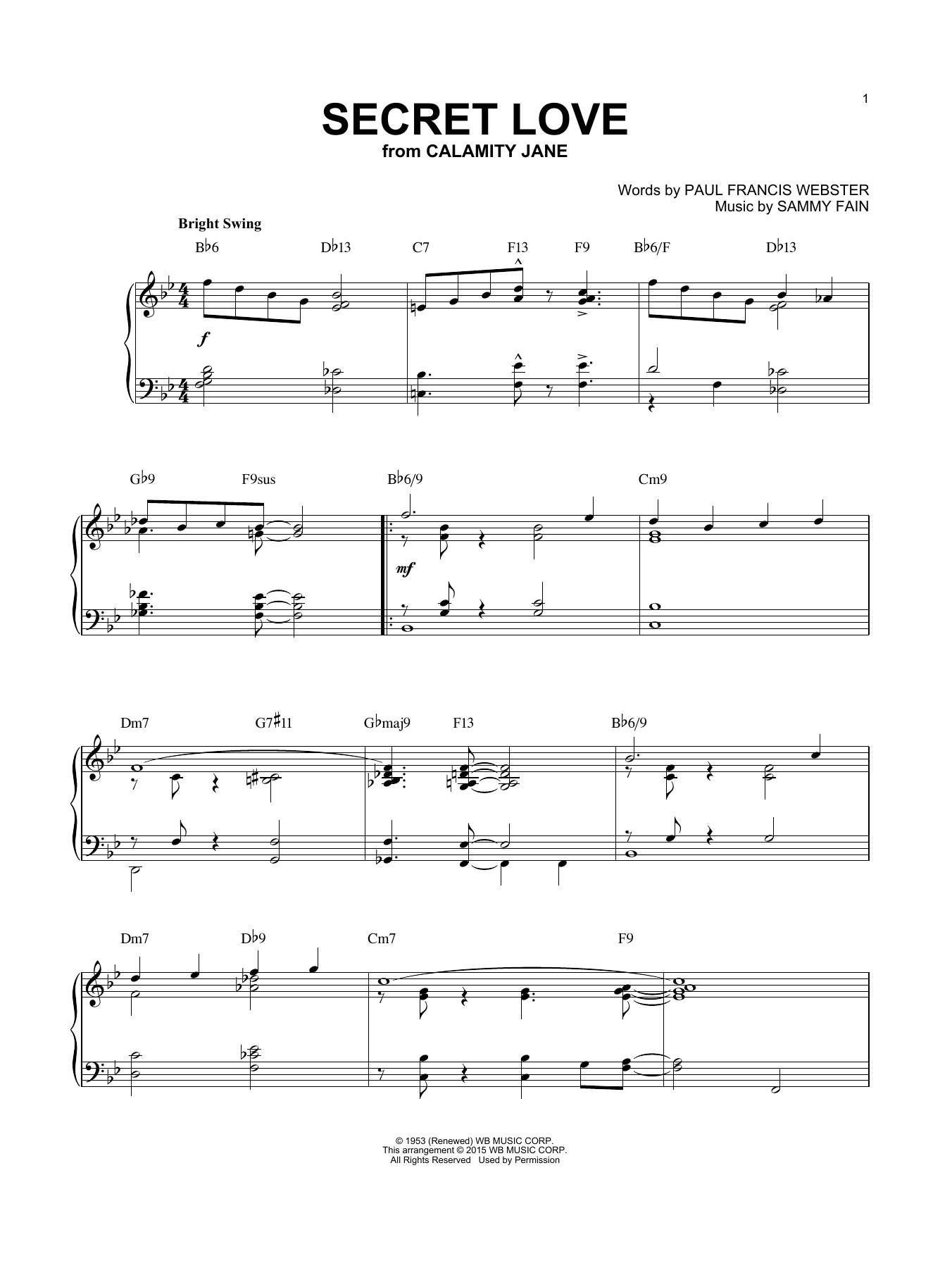 Download Paul Francis Webster Secret Love [Jazz version] (arr. Brent Sheet Music