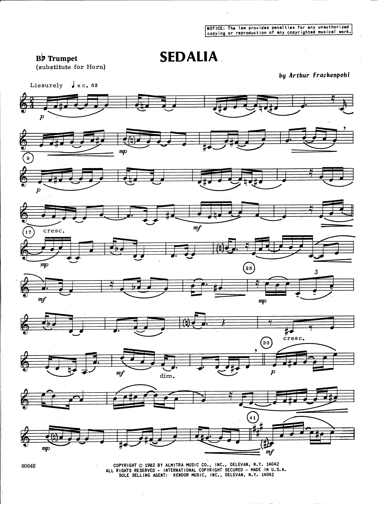 Download Arthur Frackenpohl Sedalia - Bb Trumpet (Horn in F sub.) Sheet Music