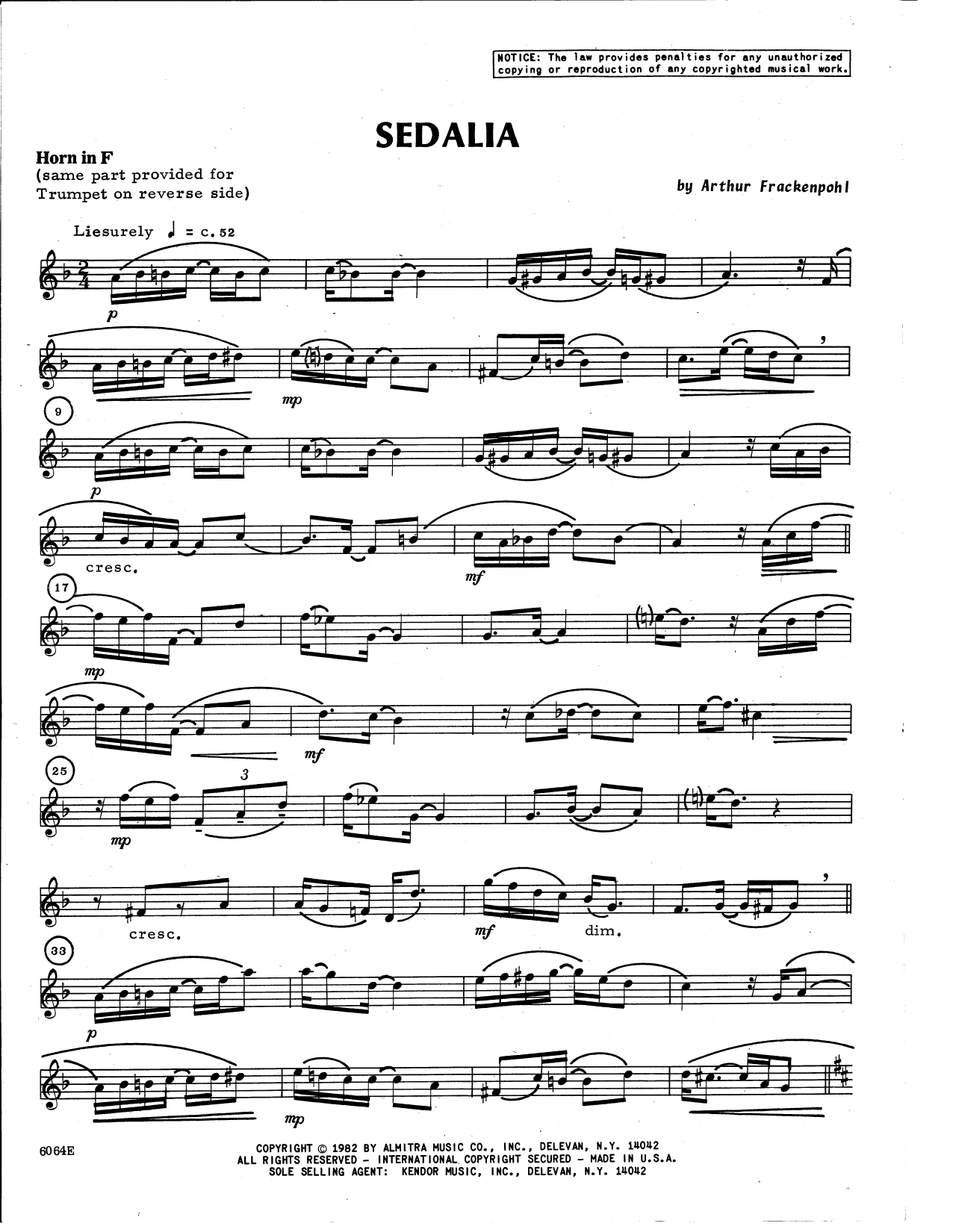 Download Arthur Frackenpohl Sedalia - Horn in F Sheet Music