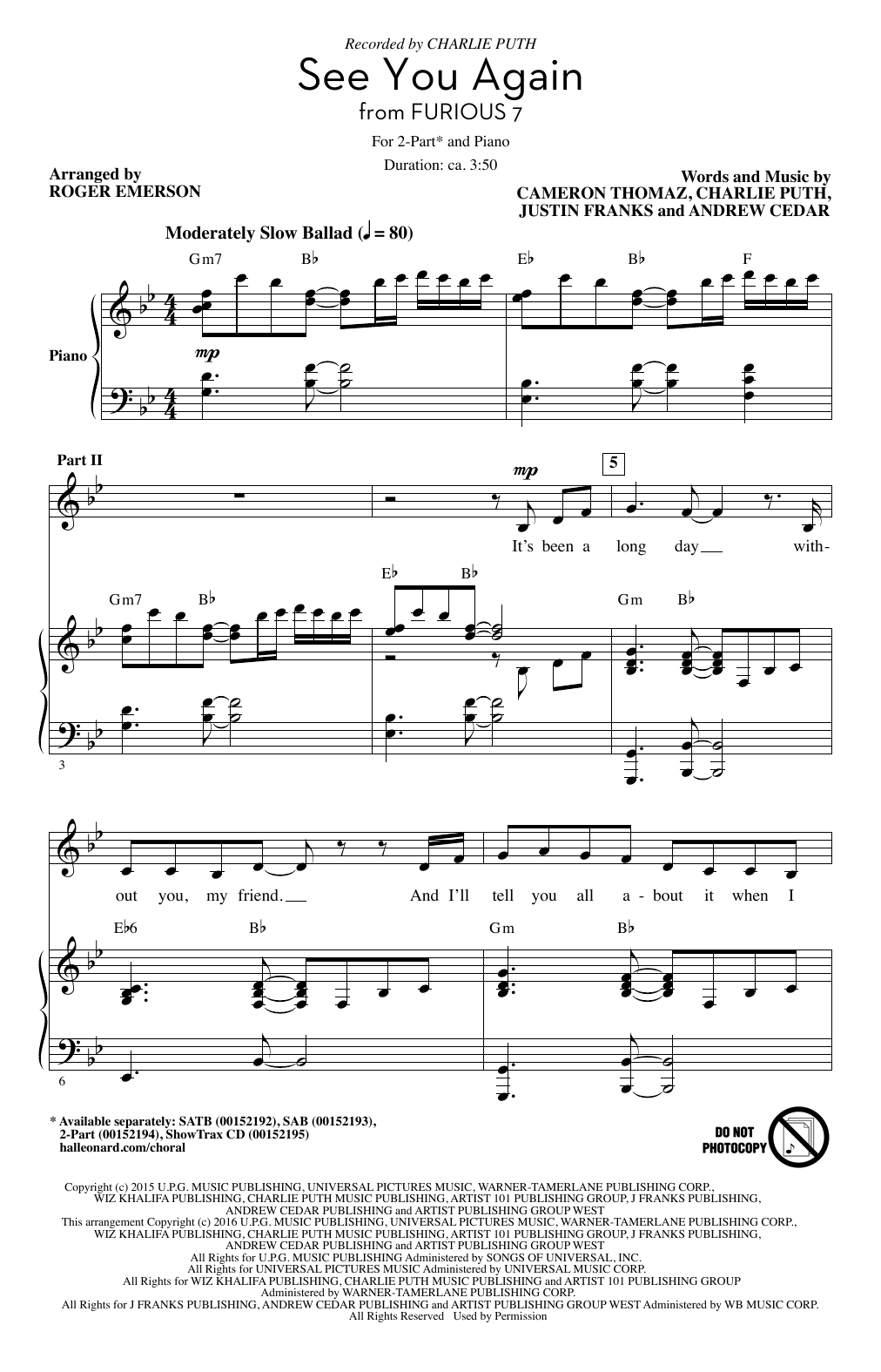 Download Wiz Khalifa See You Again (feat. Charlie Puth) (arr Sheet Music