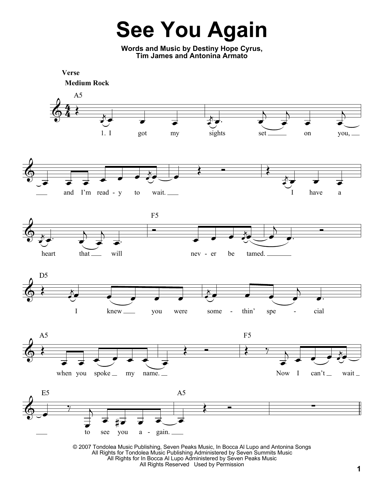 Download Miley Cyrus See You Again Sheet Music