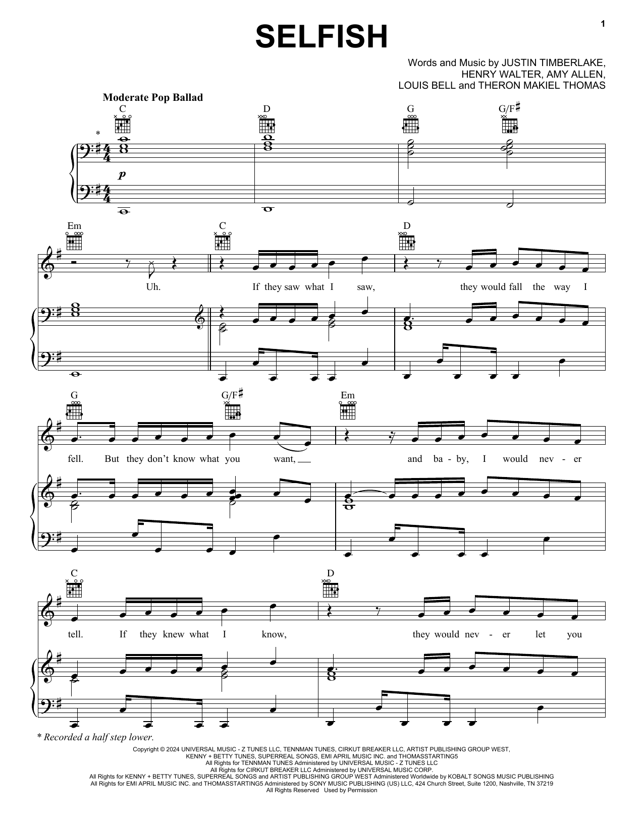 Justin Timberlake Selfish sheet music notes printable PDF score