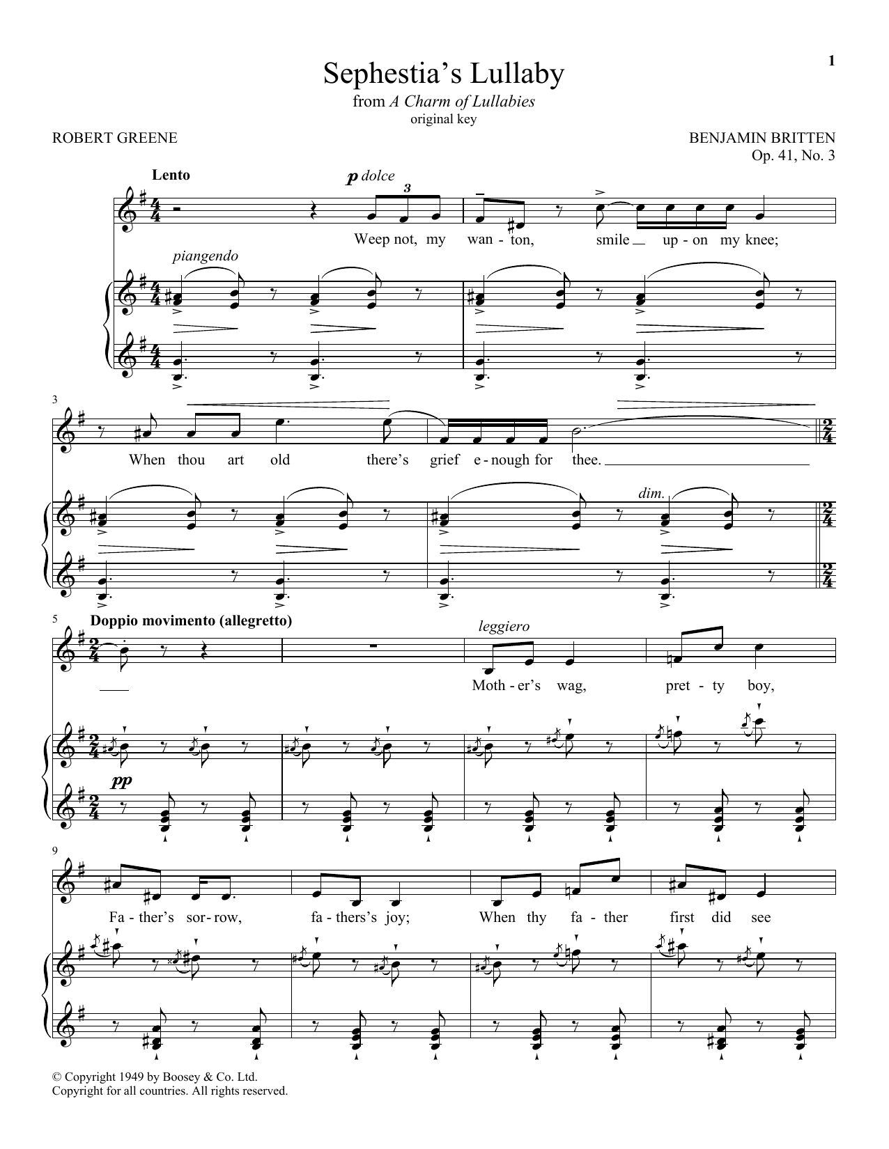 Download Benjamin Britten Sephestia's Lullaby Sheet Music