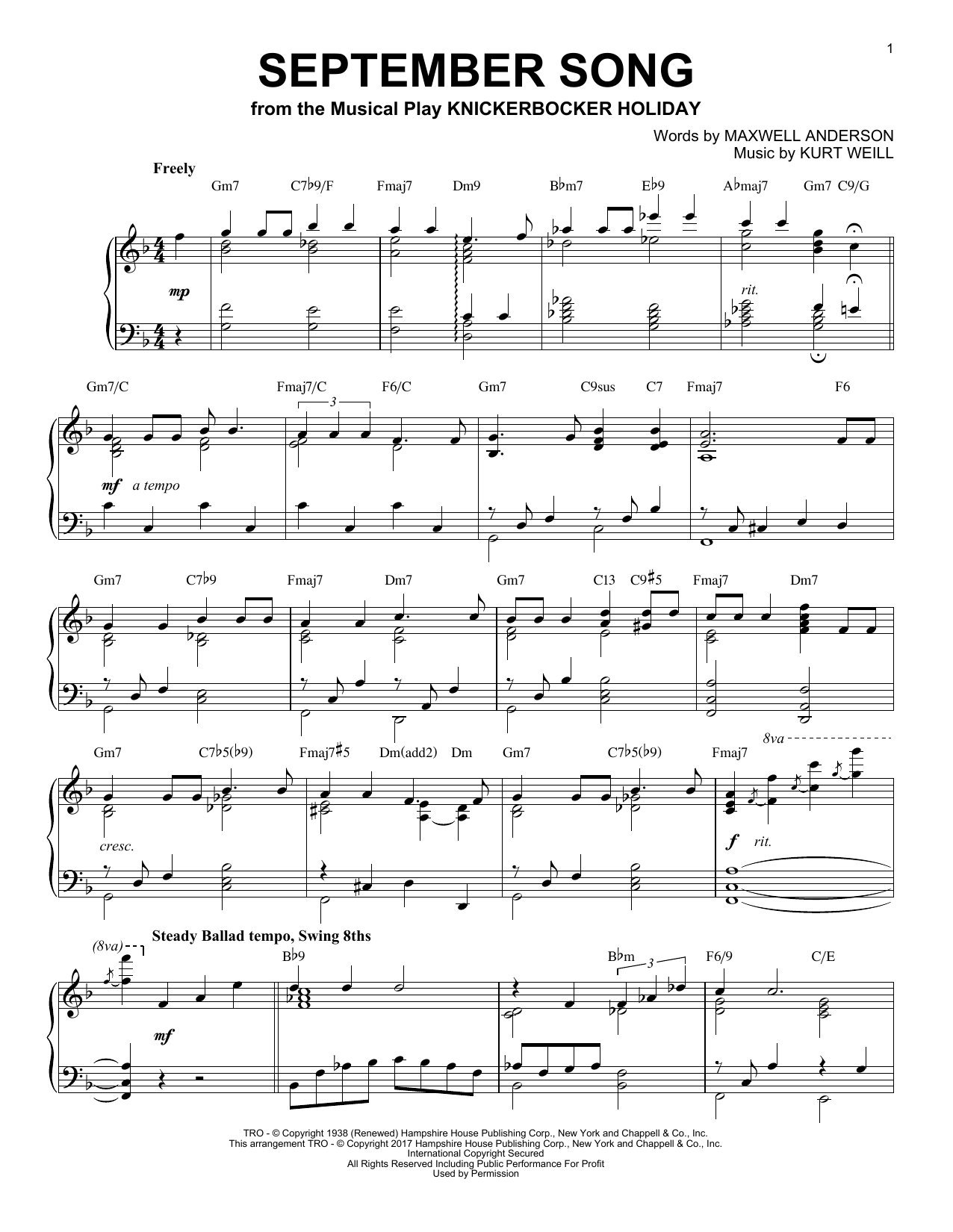 Download Kurt Weill September Song [Jazz version] Sheet Music