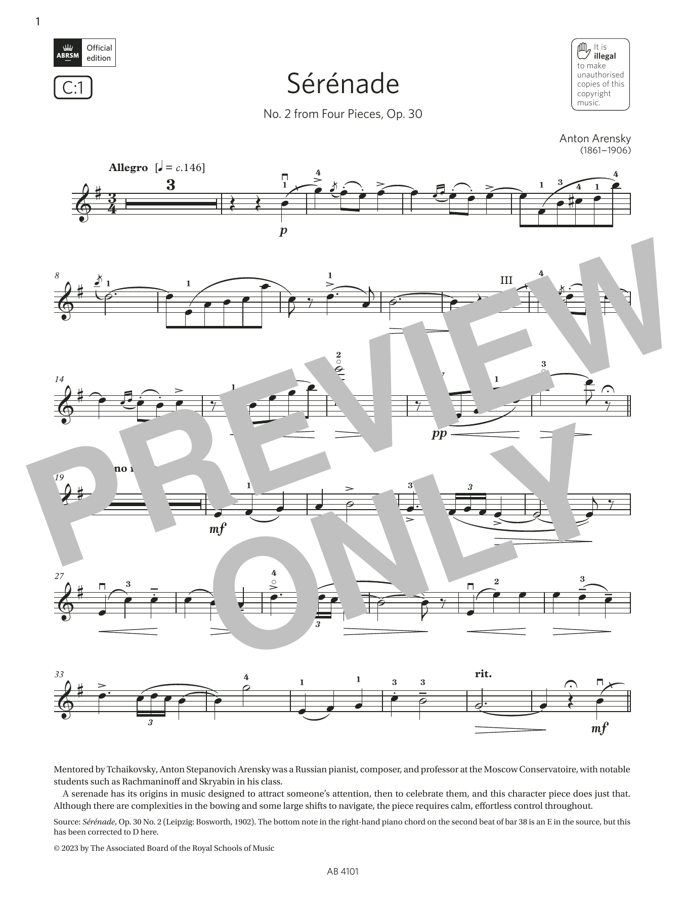 Download Anton Arensky Sérénade (Grade 7, C1, from the ABRSM Sheet Music
