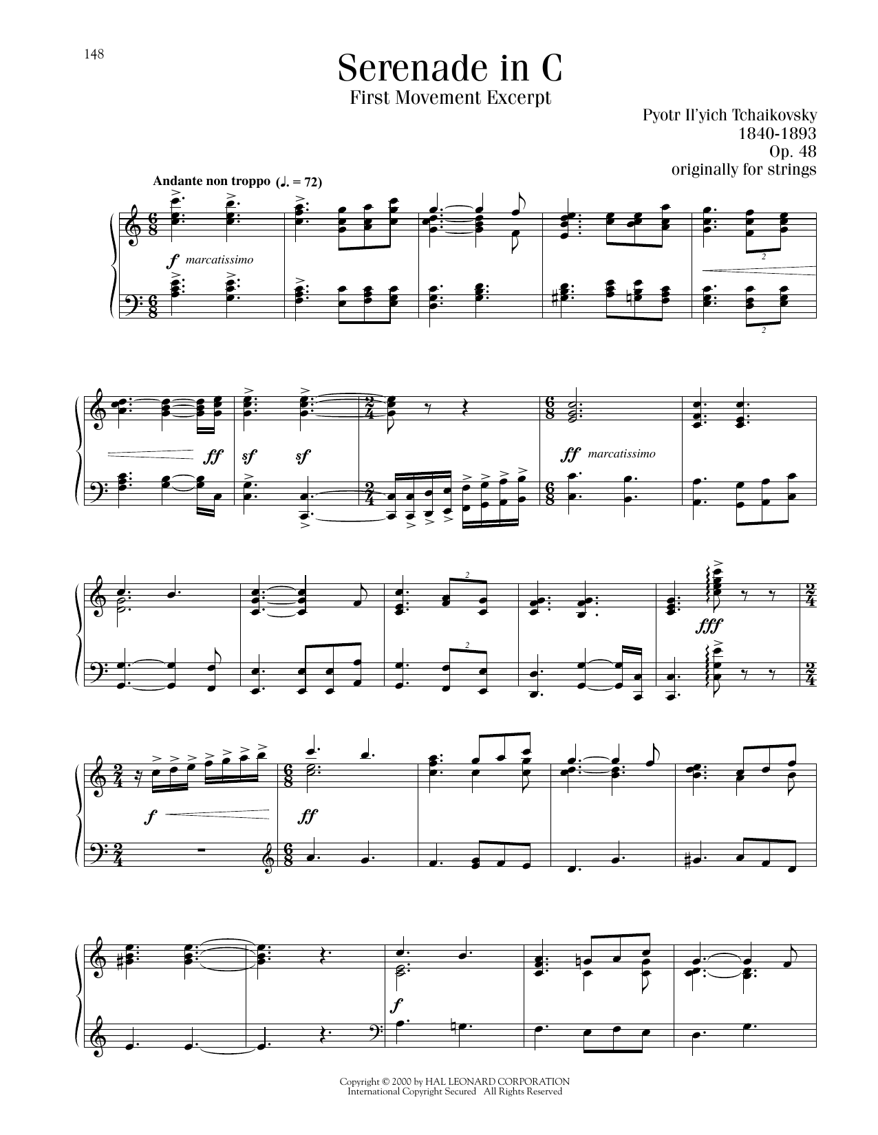 Pyotr Il'yich Tchaikovsky Serenade In C, Op. 48, First Movement Excerpt sheet music notes printable PDF score