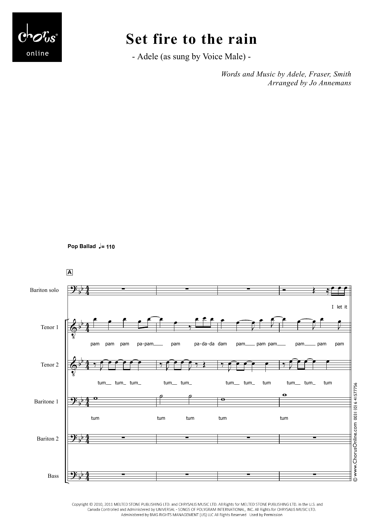Adele Set Fire to the Rain (arr. Jo Annemans) sheet music notes printable PDF score