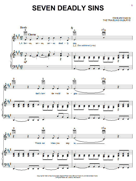 Download The Traveling Wilburys Seven Deadly Sins Sheet Music