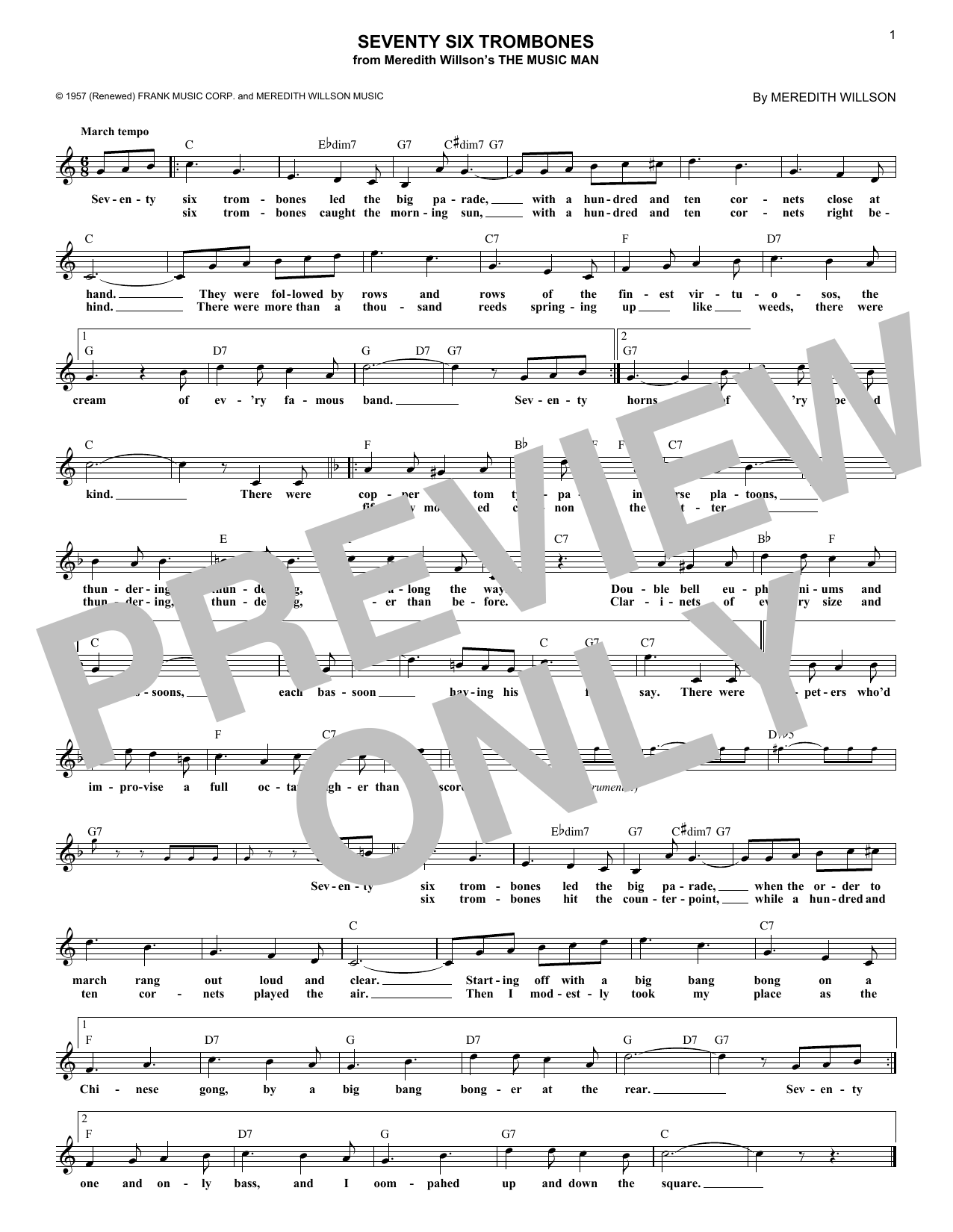 Download Meredith Willson Seventy Six Trombones Sheet Music