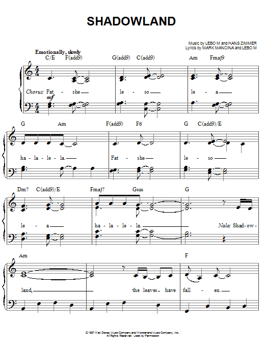 Download Lebo M., Hans Zimmer and Mark Mancin Shadowland (from The Lion King: Broadwa Sheet Music