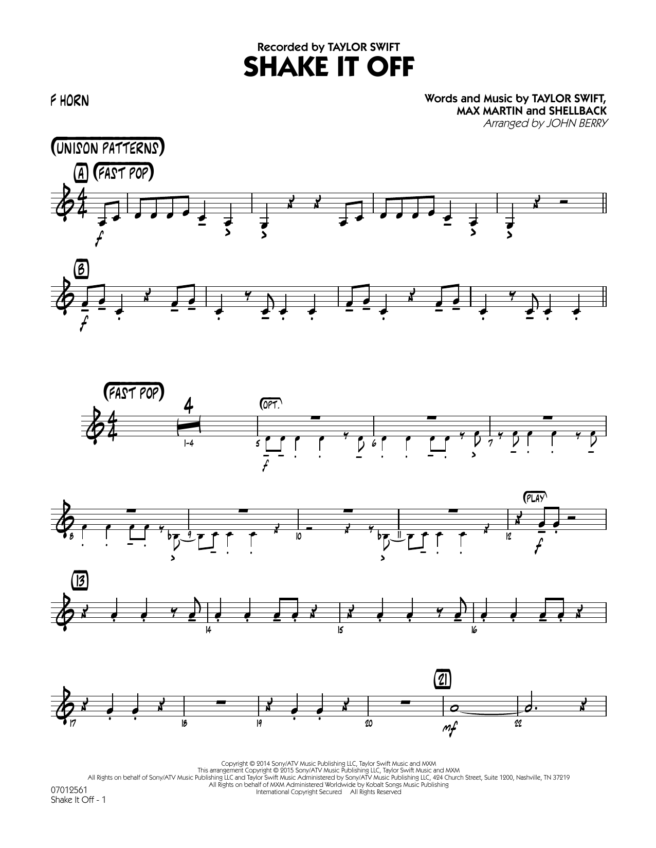 Download John Berry Shake It Off - F Horn Sheet Music