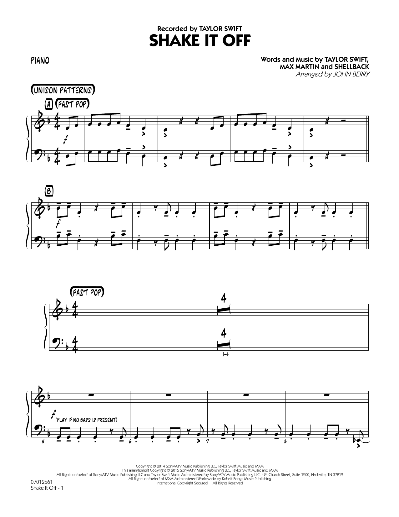 Download John Berry Shake It Off - Piano Sheet Music