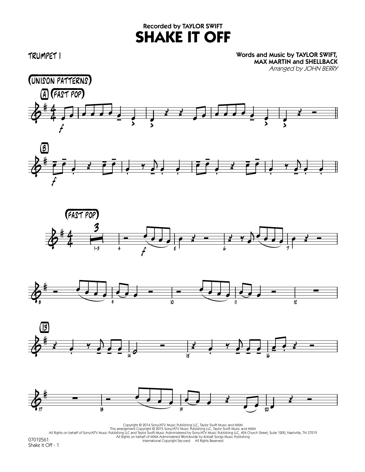 Download John Berry Shake It Off - Trumpet 1 Sheet Music