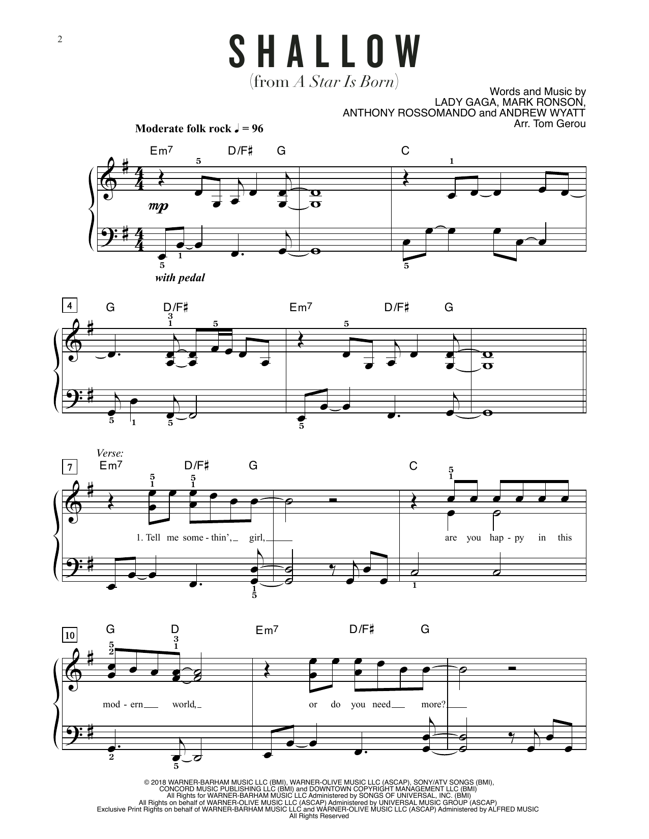 Download Lady Gaga Shallow (from A Star Is Born) (arr. Tom Sheet Music