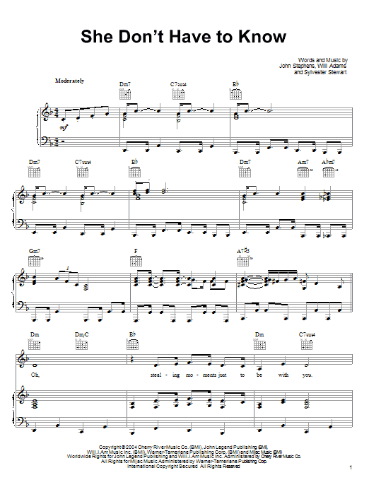 Download John Legend She Don't Have To Know Sheet Music