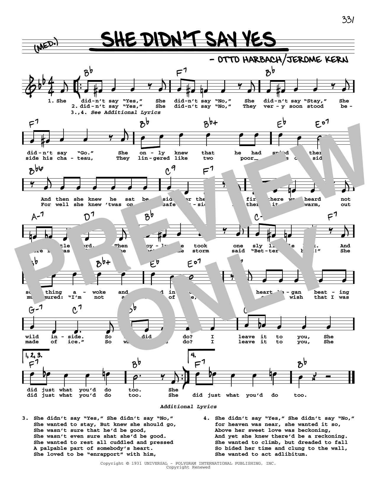Download Jerome Kern She Didn't Say Yes (High Voice) Sheet Music