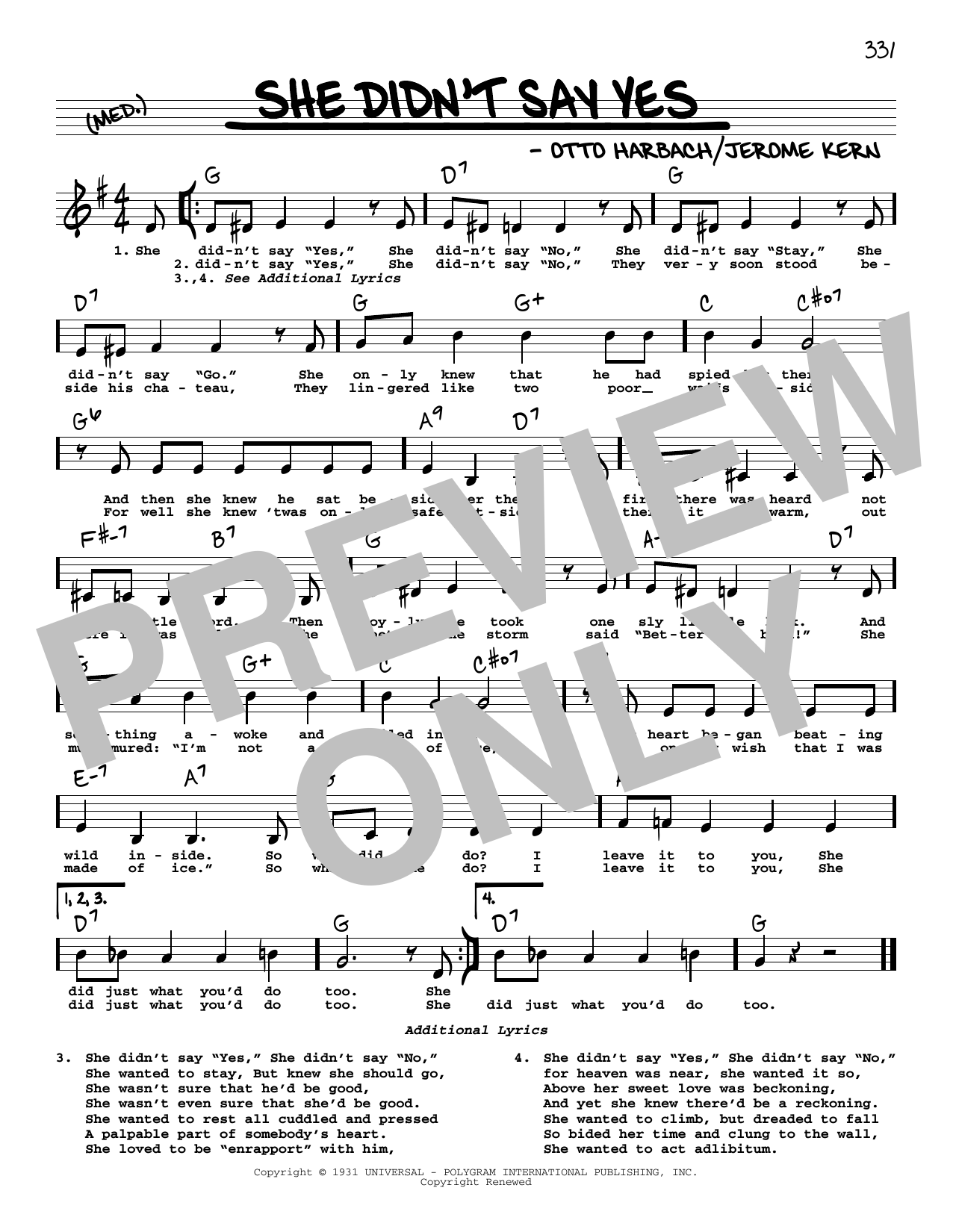Download Jerome Kern She Didn't Say Yes (Low Voice) Sheet Music