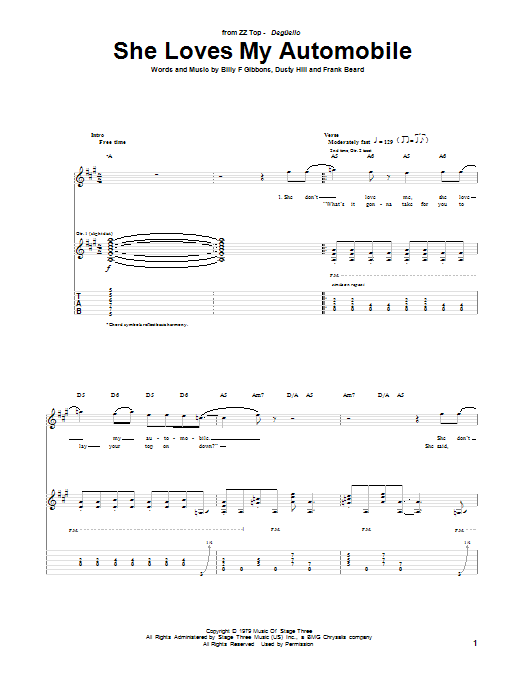 Download ZZ Top She Loves My Automobile Sheet Music