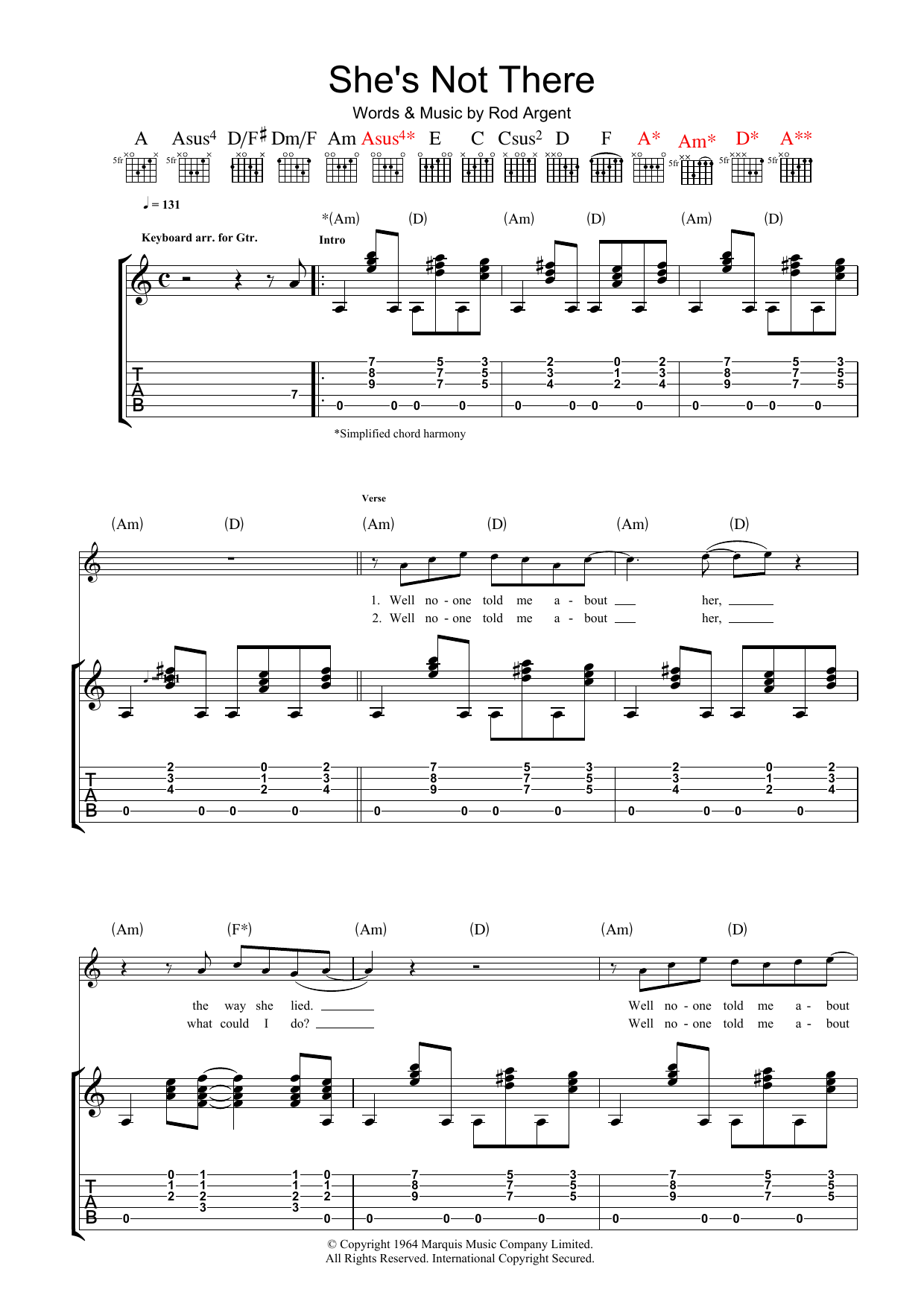 Download The Zombies She's Not There Sheet Music