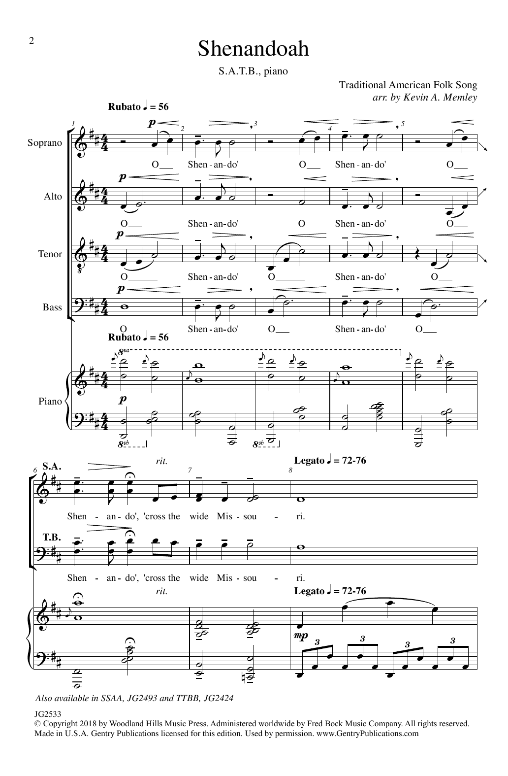 Download Traditional American Folk Song Shenandoah (arr. Kevin A. Memley) Sheet Music