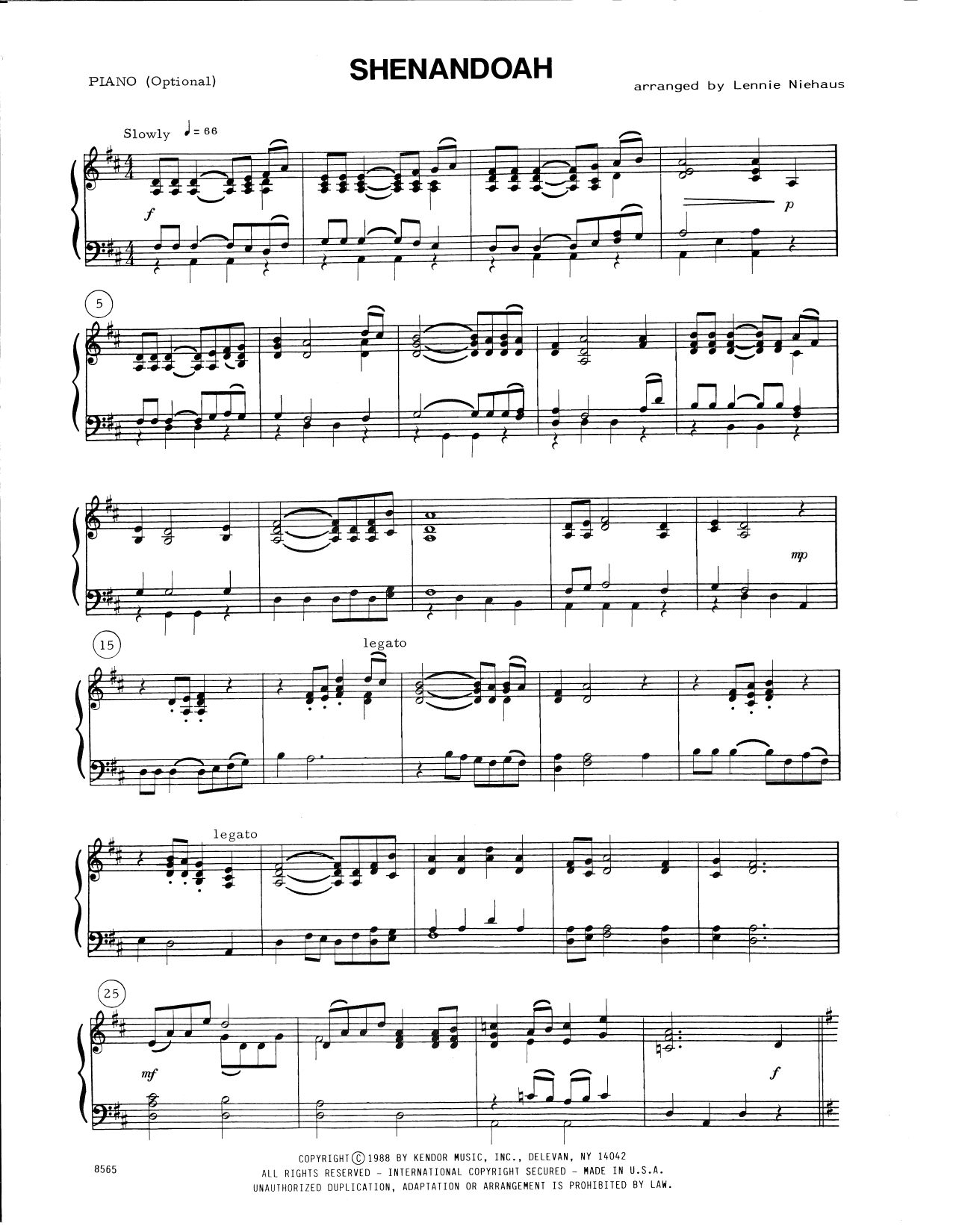 Download Traditional Shenandoah (arr. Lennie Niehaus) - Pian Sheet Music