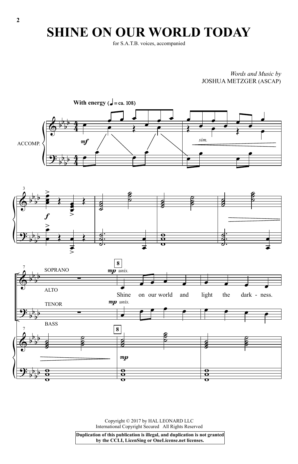 Download Joshua Metzger Shine On Our World Today Sheet Music