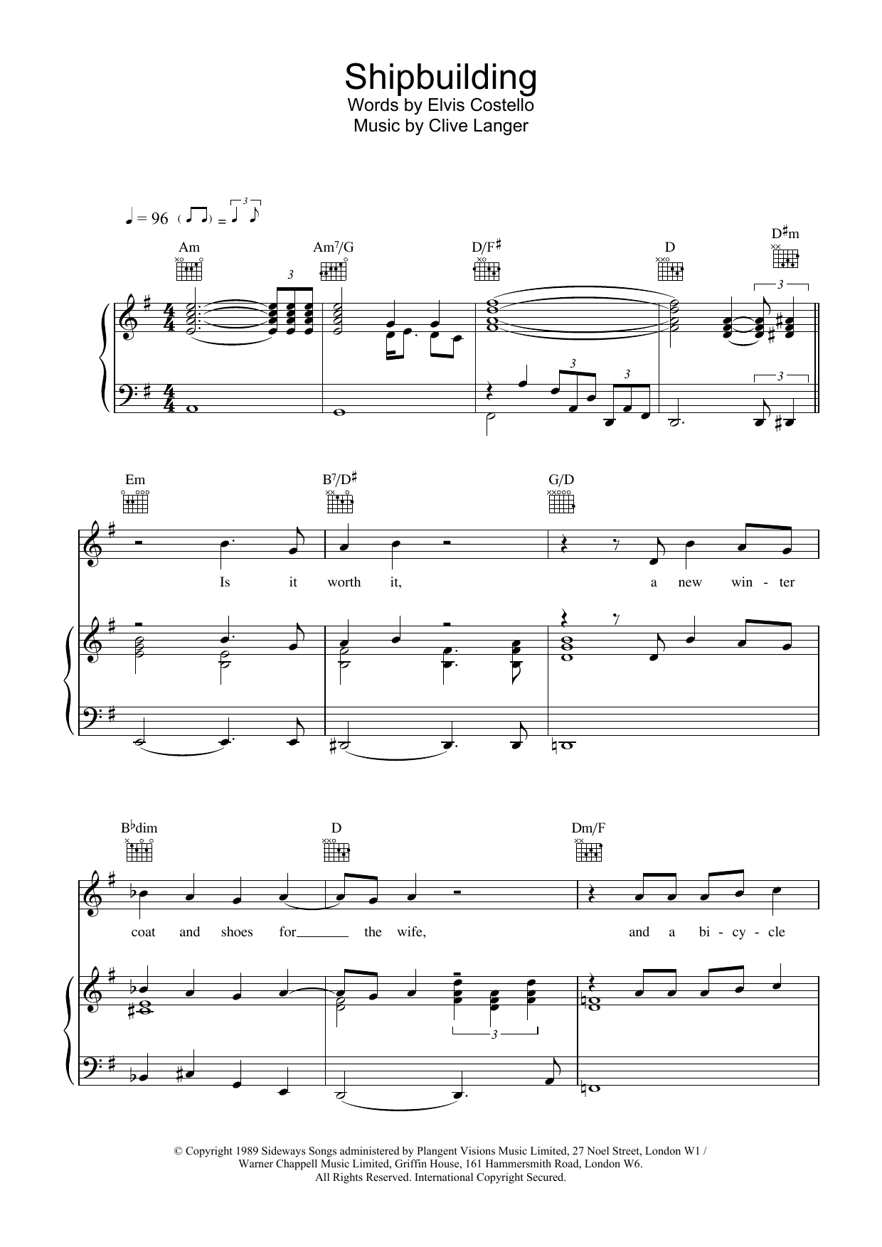 Elvis Costello Shipbuilding sheet music notes printable PDF score