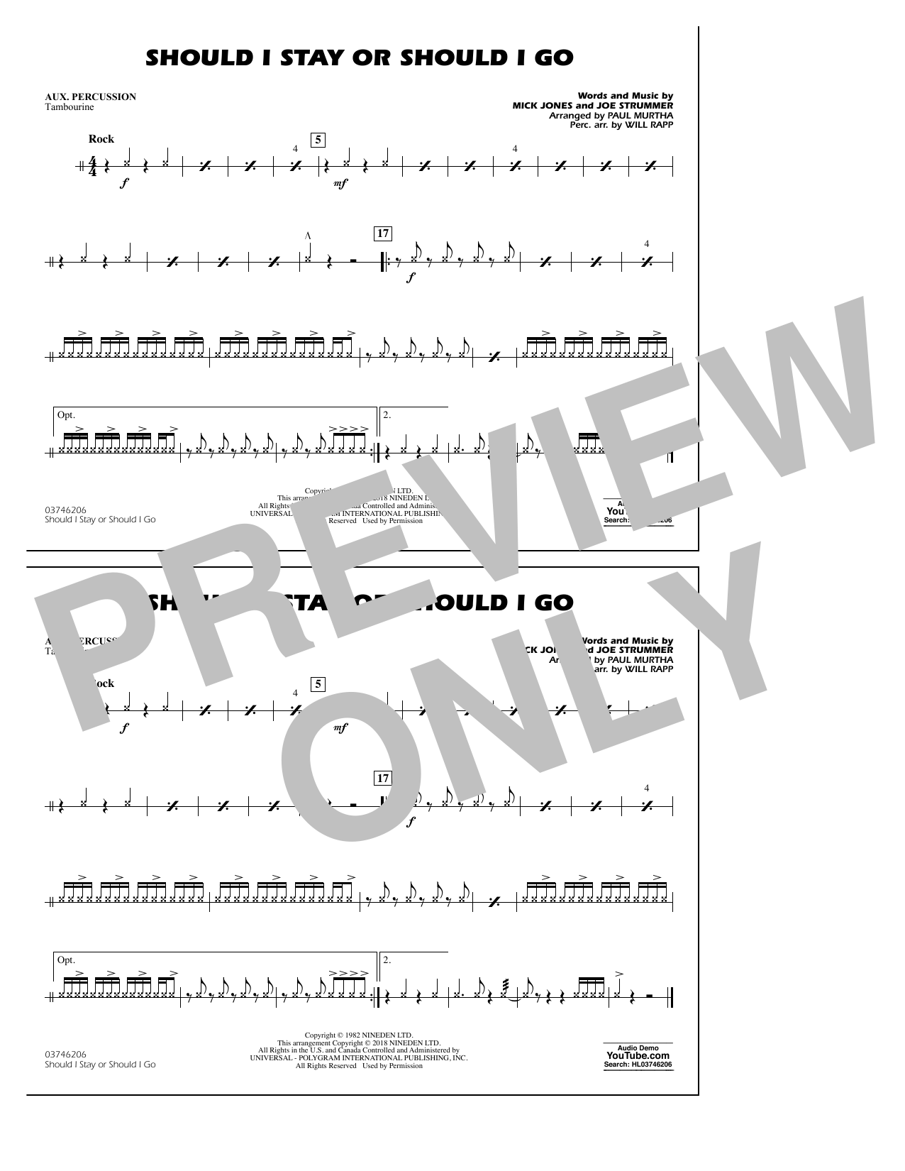 Download Paul Murtha Should I Stay Or Should I Go - Aux Perc Sheet Music