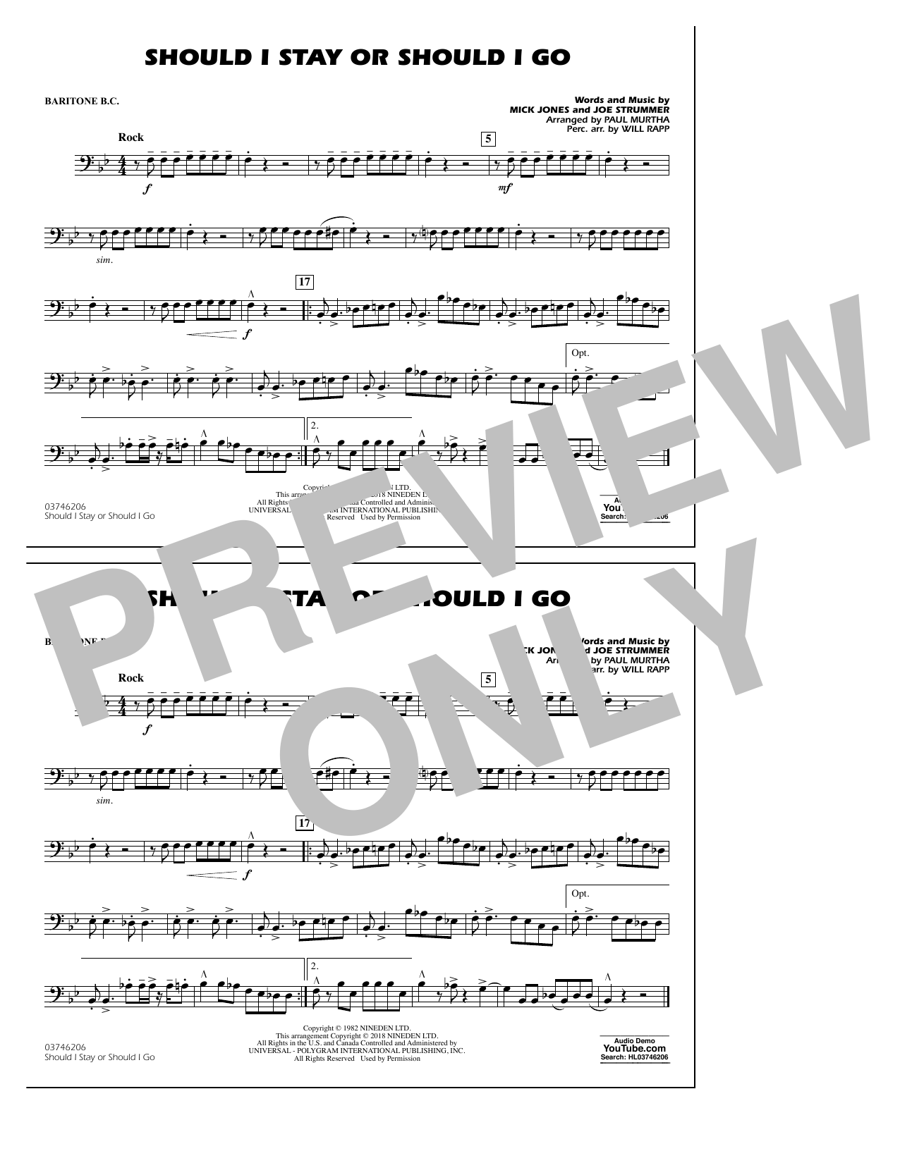 Download Paul Murtha Should I Stay Or Should I Go - Baritone Sheet Music