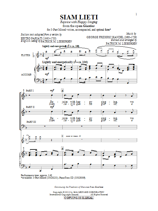 Download George Frideric Handel Siam Lieti (Rejoice With Happy Singing) Sheet Music