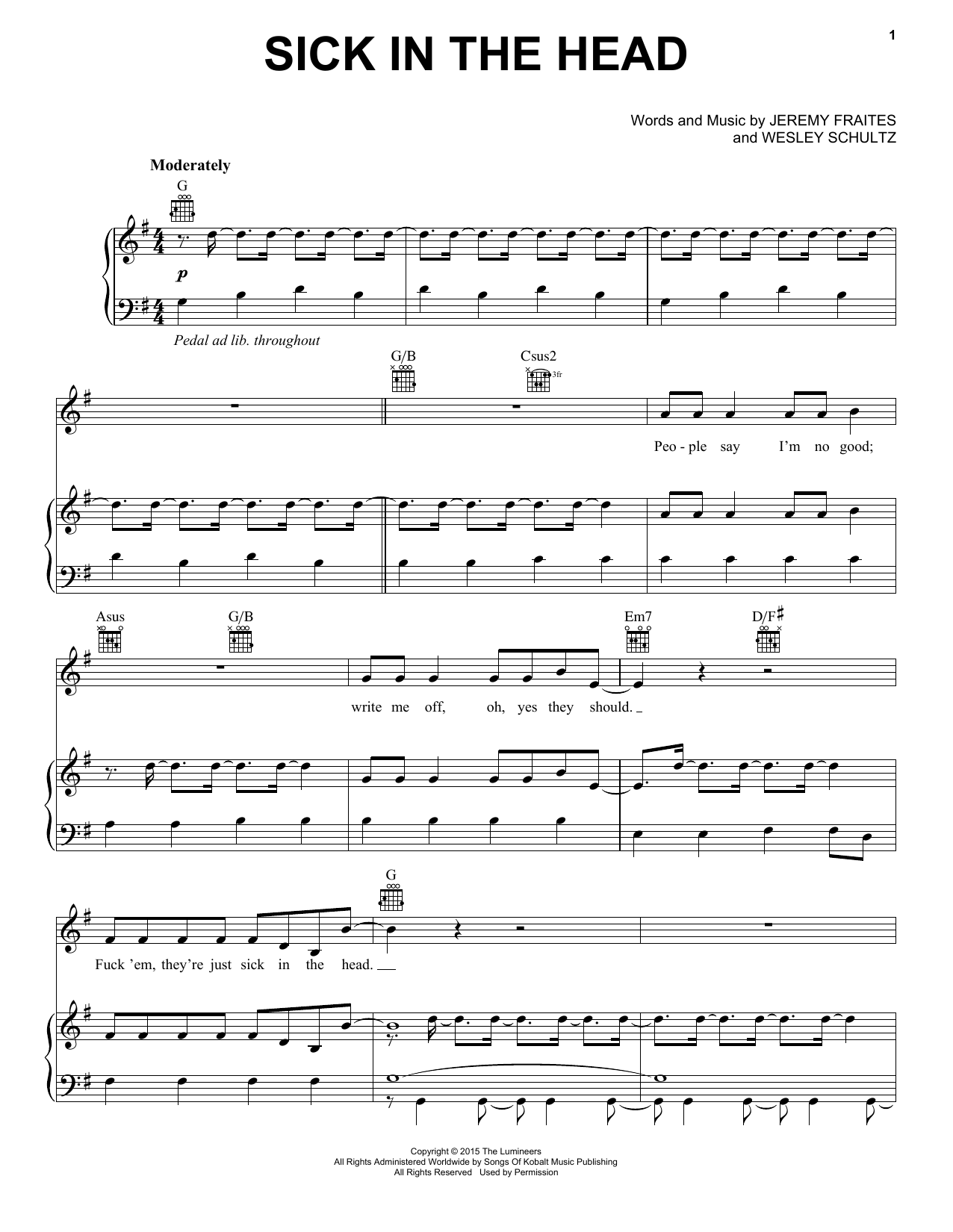 Download The Lumineers Sick In The Head Sheet Music