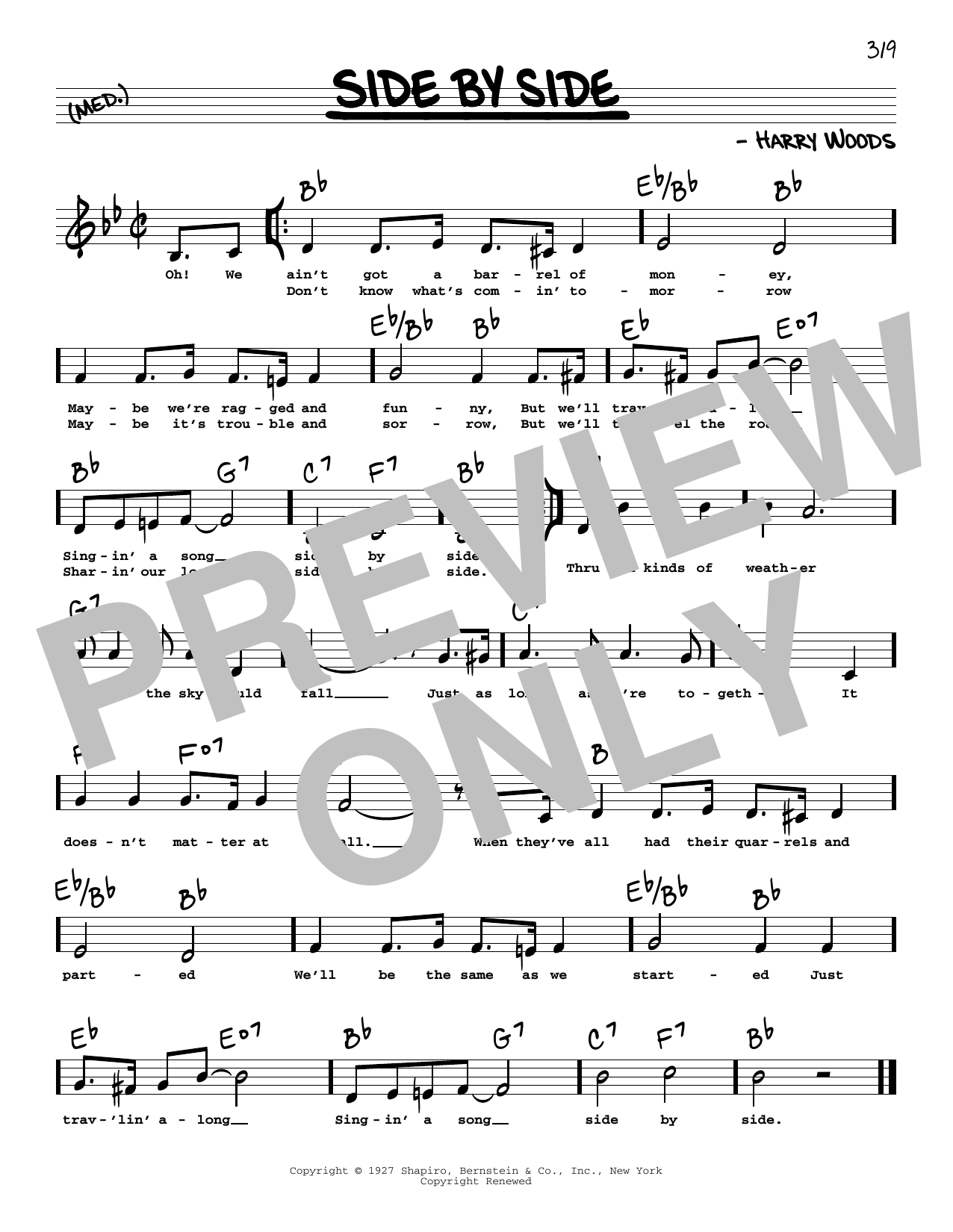 Patsy Cline Side By Side (Low Voice) sheet music notes printable PDF score