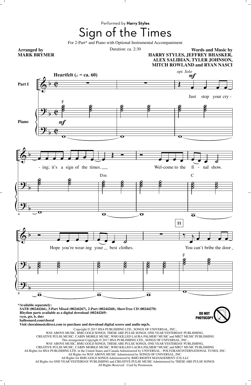 Download Mark Brymer Sign Of The Times Sheet Music