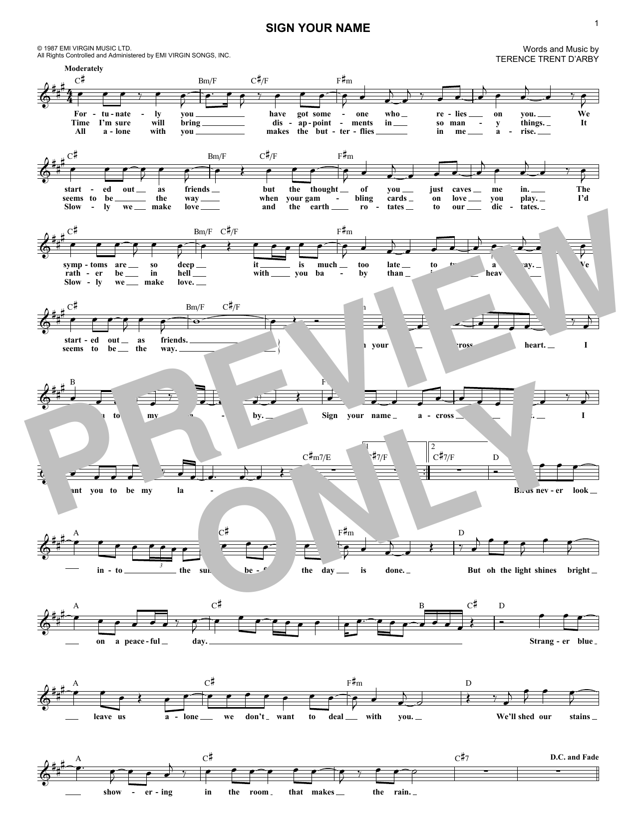 Download Terence Trent D'Arby Sign Your Name Sheet Music