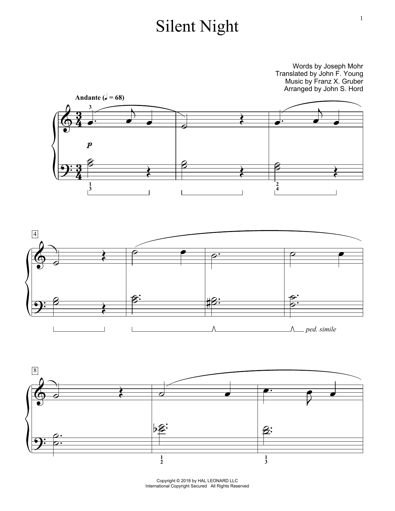 Download Franz Gruber Silent Night (arr. John S. Hord) Sheet Music