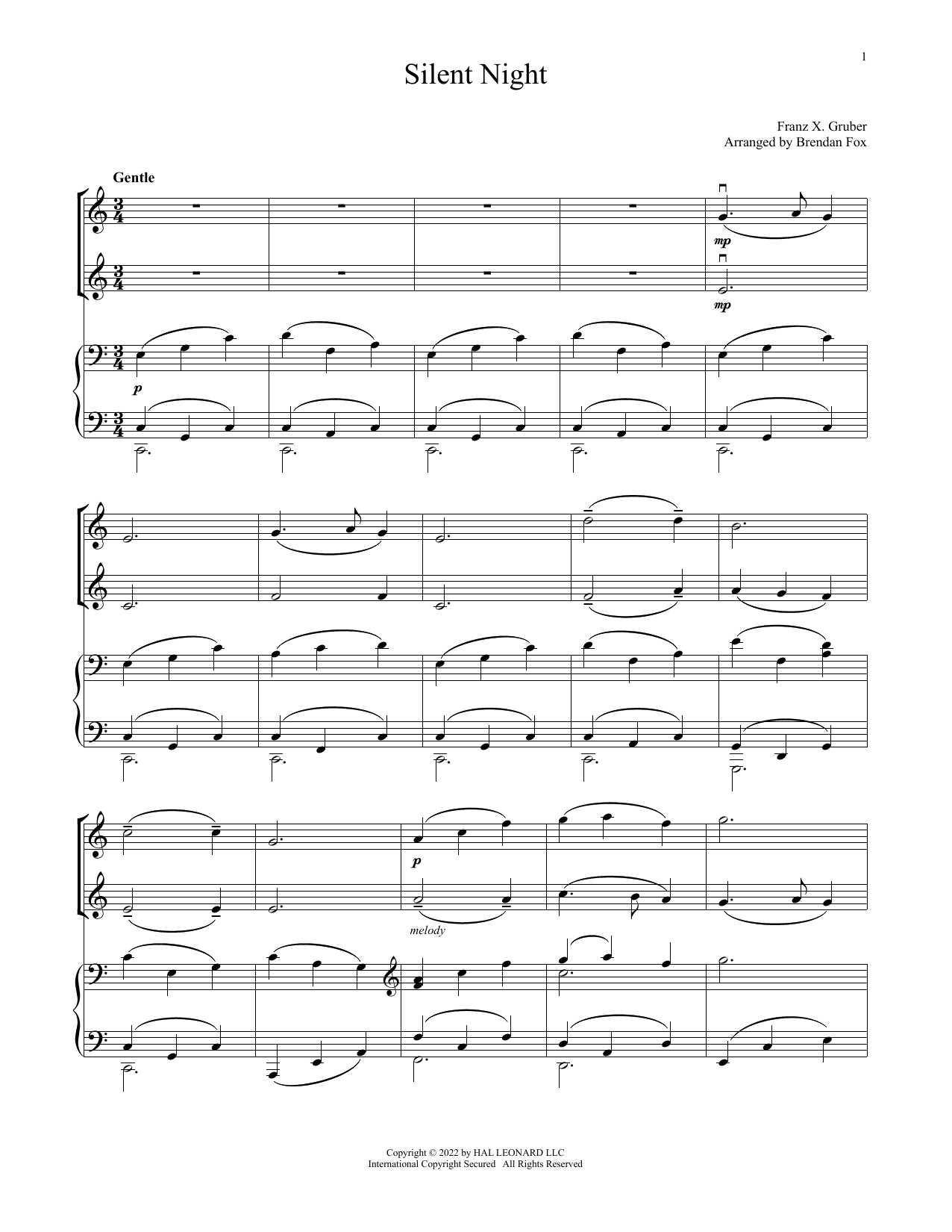 Download Franz X. Gruber Silent Night (for Violin Duet and Piano Sheet Music