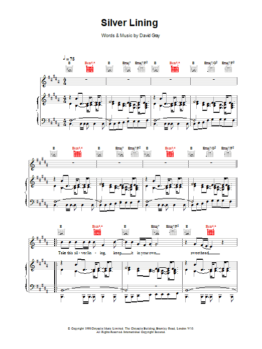 David Gray Silver Lining sheet music notes printable PDF score