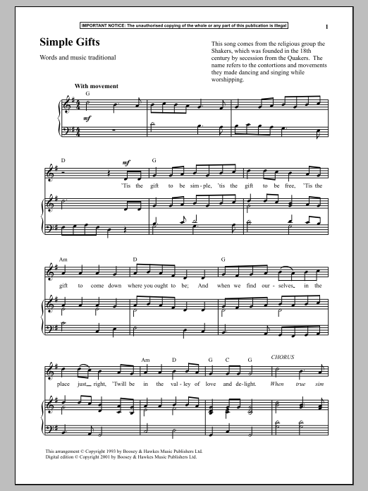 Download Traditional Simple Gifts Sheet Music