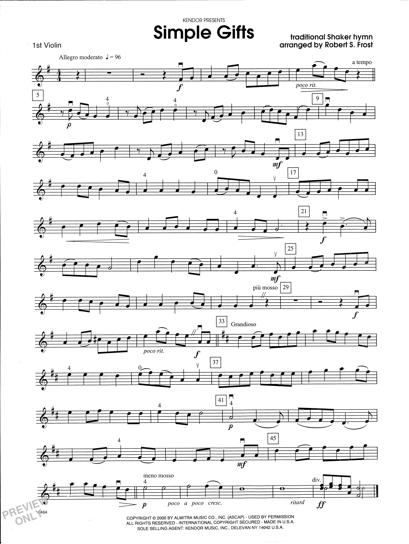 Download Robert S. Frost Simple Gifts - 1st Violin Sheet Music