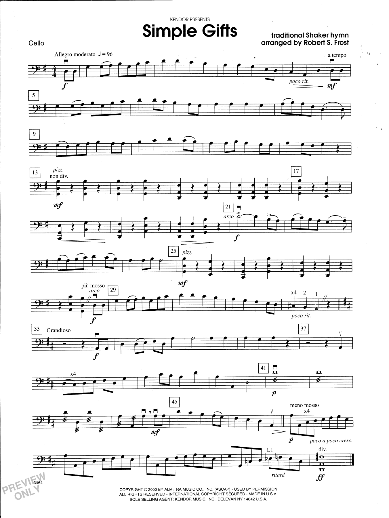 Download Robert S. Frost Simple Gifts - Cello Sheet Music