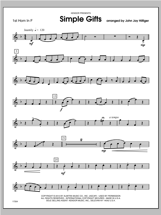 Download Hilfiger Simple Gifts - Horn 1 in F Sheet Music