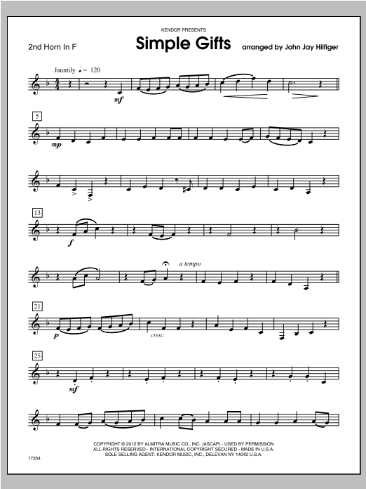 Download Hilfiger Simple Gifts - Horn 2 in F Sheet Music
