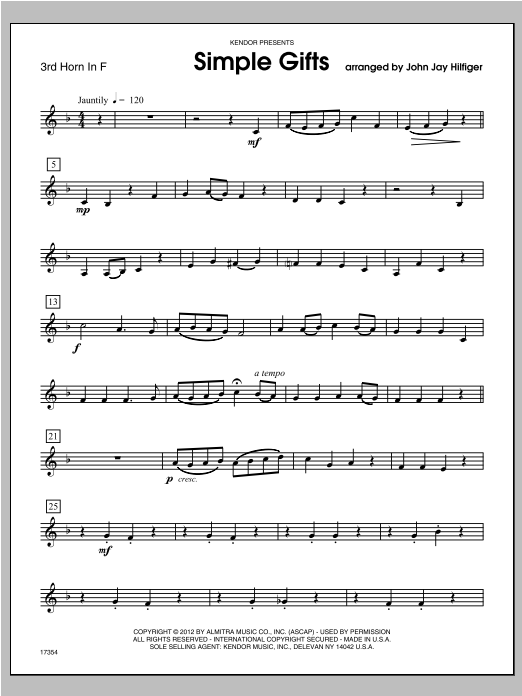 Download Hilfiger Simple Gifts - Horn 3 in F Sheet Music