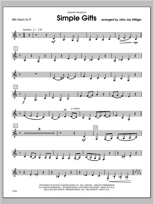 Download Hilfiger Simple Gifts - Horn 4 in F Sheet Music