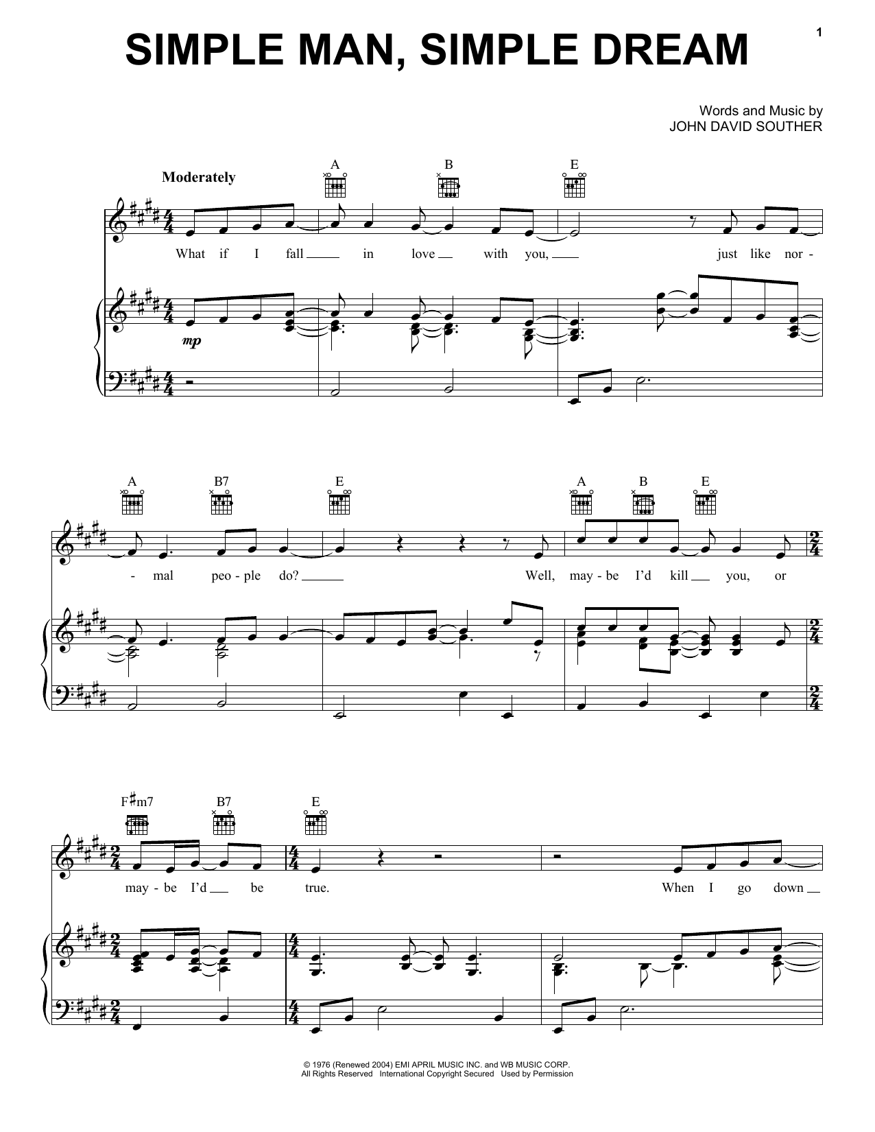 Download J.D. Souther Simple Man Simple Dream Sheet Music