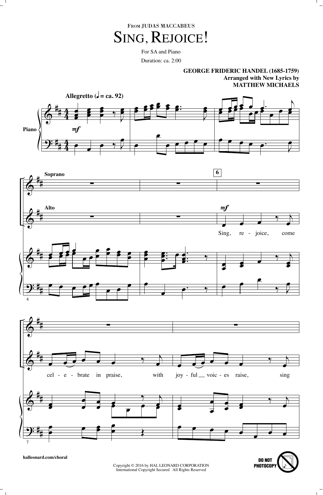 Download Matthew Michaels Sing, Rejoice! (from Judas Maccabaeus) Sheet Music