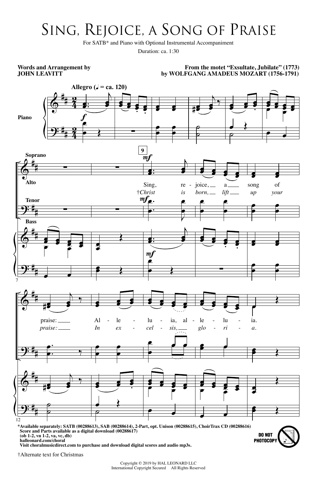Download Wolfgang Amadeus Mozart Sing, Rejoice A Song Of Praise (arr. Jo Sheet Music