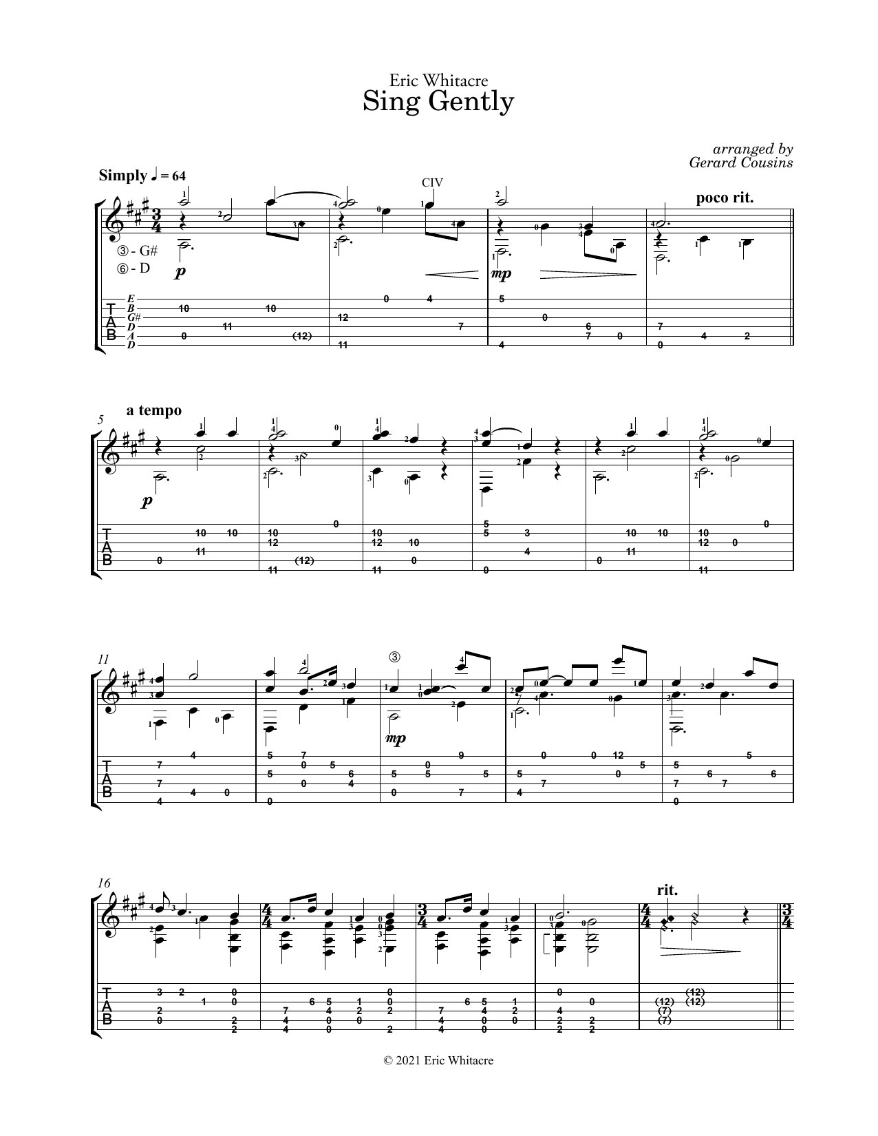 Download Eric Whitacre Sing Gently (arr. Gerard Cousins) Sheet Music