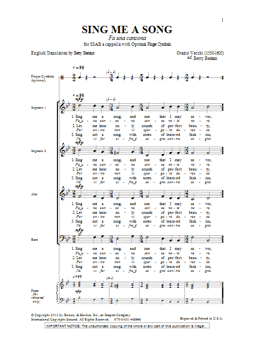 Download Betty Bertaux Sing Me A Song (Fa Una Canzona) Sheet Music