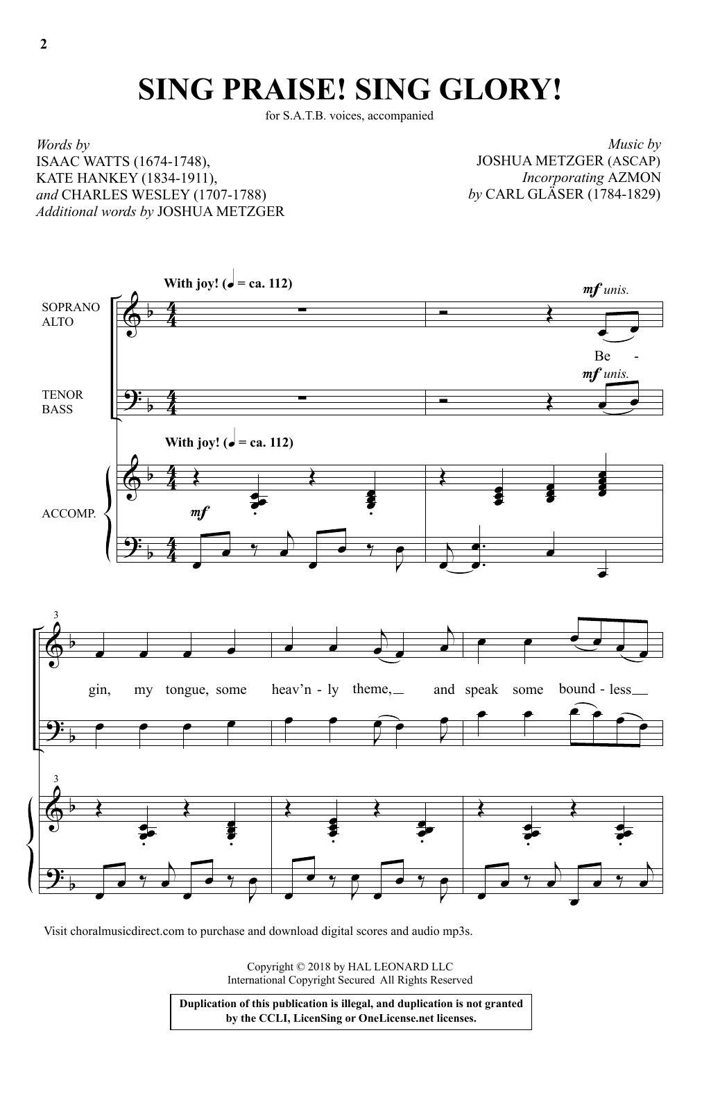Download Joshua Metzger Sing Praise! Sing Glory! Sheet Music